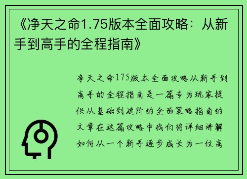 《净天之命1.75版本全面攻略：从新手到高手的全程指南》